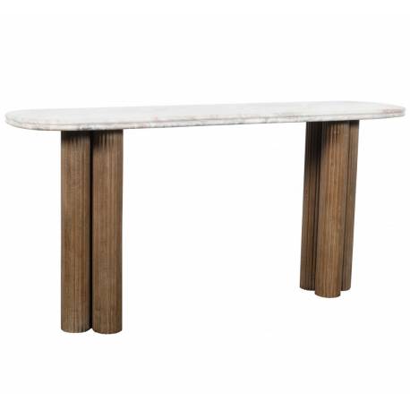 Console Buren Signature Desserte Ovale en Marbre et Manguier Table d'Appoint Pieds Nervurés 38x77x165cm