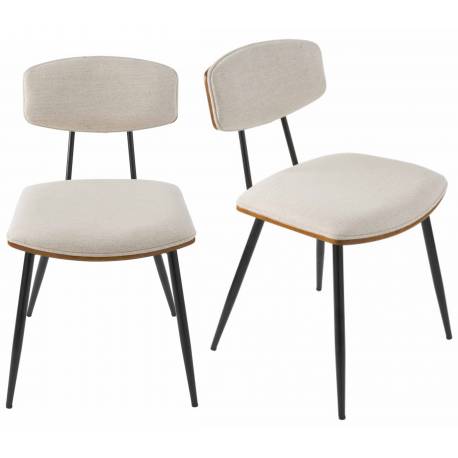 Lot de Deux Chaises Babette Signature Duo d'Assises de Repas en Acier Noir, Placage Noyer et Tissu Ecru Design 44,5x52,5x78,5cm