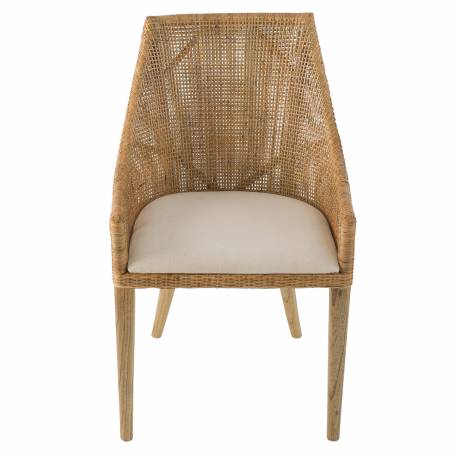 Chaise Julie Signature Assise en Rotin et Coussin en Tissu Ecru Fauteuil Bohème 56x58x88cm