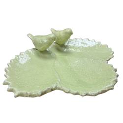 Bain Oiseau en Forme de Feuille Bénitier en Terre Cuite Emaillée Vert Clair Grainetier 9x24x26cm