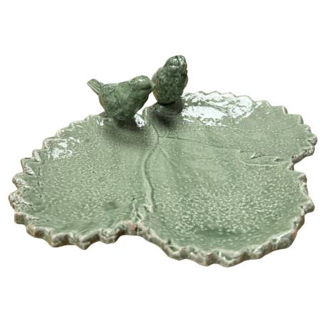 Bain Oiseau en Forme de Feuille Bénitier en Terre Cuite Emaillée Vert Foncé Grainetier 9x24x26cm