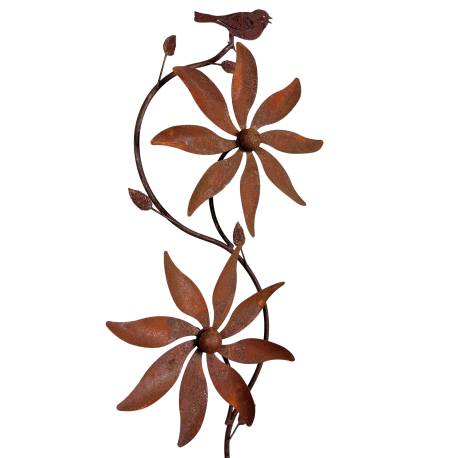 Eolienne Double Hélices Motif Oiseau Tuteur Mobile de Jardin en Acier Oxydé 11x38x192cm