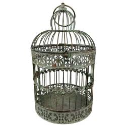 Cage à Oiseaux MM Volière Ronde en Acier Patiné Vert Antique Abri Décoratif à Suspendre 26x26x52cm