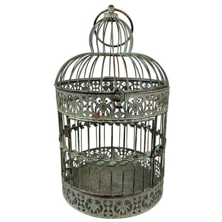 Cage à Oiseaux MM Volière Ronde en Acier Patiné Vert Antique Abri Décoratif à Suspendre 26x26x52cm