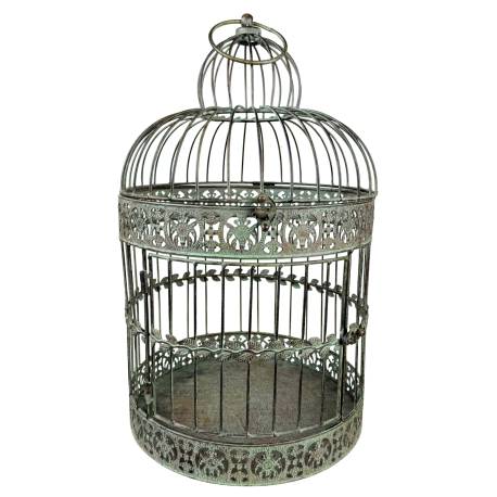 Cage à Oiseaux GM Volière Ronde en Acier Patiné Vert Antique Abri Décoratif à Suspendre 32x32x59cm