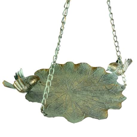 Bain Oiseau à Suspendre GM Bénitier à Chainette en Acier Vert Antique Grainetier Duo Oiseaux 38,5x38,5x48cm