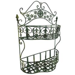 Double Jardinière à Accrocher Balconnière à Deux Niveaux en Acier et Fonte Patinée Vert Ancien Support à Plantes 18x45x59cm