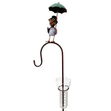 Pluviomètre à Piquer Tuteur à Plantes Déco de Jardin Corbeau Parapluie Vert en Acier et Verre 12,5x21,5x131cm
