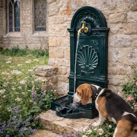 Fontaine Murale Fontaine de jardin à poser en Fonte d'Aluminium Patinée Vert Robinet Fonctionnel en Laiton 35x40x83cm