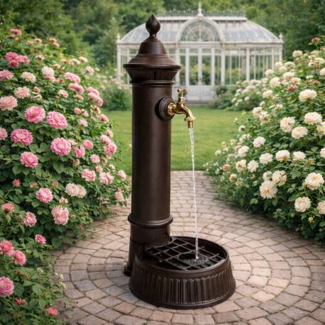 Fontaine de Jardin Fontaine à poser en Fonte d'Aluminium Patinée Marron avec Robinet Fonctionnel en Laiton 26x35x72cm