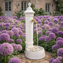 Fontaine de Potager extérieur Fontaine à poser en Fonte d'Aluminium Patinée Blanc avec Robinet Fonctionnel 26x35x72cm