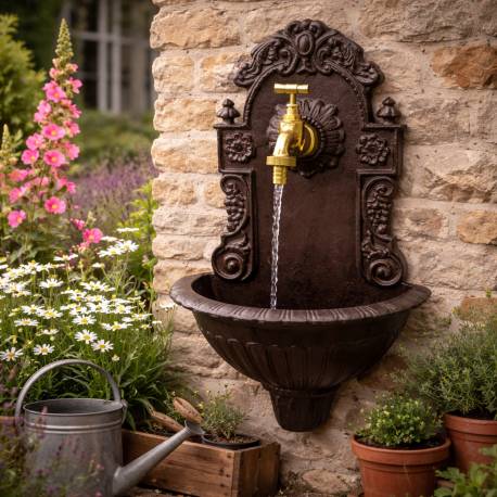 Fontaine de Jardin Fontaine de Charme Murale Fonte Patinée Marron avec Robinet en Laiton 14x25x40cm