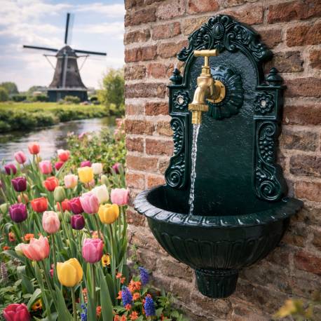 Fontaine de Jardin de Charme Murale Source Fonte Patinée Verte avec Robinet Fonctionnel en Laiton 14x25x40cm