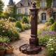 Fontaine Extérieure Colonne de jardin à Poser en Fonte d'Aluminium Marron et Robinet Fonctionnel en Laiton 