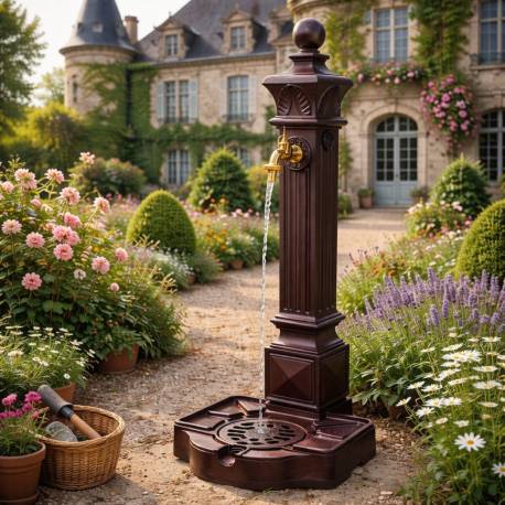 Fontaine Extérieure Colonne de jardin à Poser en Fonte d'Aluminium Marron et Robinet Fonctionnel en Laiton 