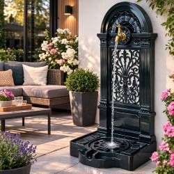 Fontaine de Jardin à Poser Source en Fonte d'Aluminium Verte et Robinet Laiton Décoration de Jardin 35x40x83cm