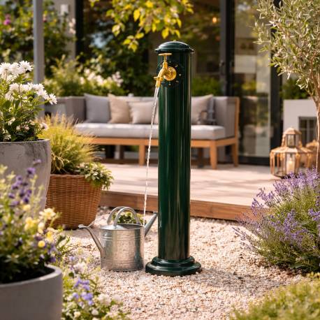 Colonne extérieure Fontaine de Jardin en Acier et Fonte Vert et Robinet Fonctionnel en Laiton 17,5x17,5x90cm