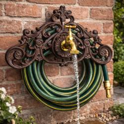 Robinet de Jardin de Charme Fontaine Murale Enrouleur à Tuyaux Source en Fonte Marron Robinet Laiton Doré 22,5x24x36,5cm