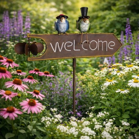 Tuteur de Jardin Panneau Welcome Écriteau Flèche Éolienne Oiseaux en Métal 12x48x122cm
