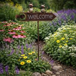 Tuteur de Jardin Panneau Écriteau Flèche Éolienne Grenouilles Marron en Métal 12x48x120cm