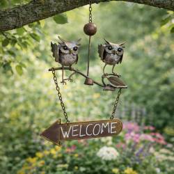 Suspension Écriteau Flèche à Suspendre Panneau Welcome Motifs Chouettes en Métal 14x32x64cm