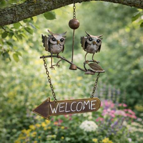 Suspension Écriteau Flèche à Suspendre Panneau Welcome Motifs Chouettes en Métal 14x32x64cm