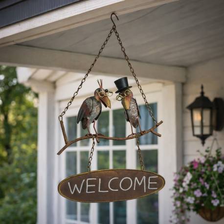 Suspension Écriteau à Suspendre Panneau Welcome Motifs Corbeaux en Métal 11x28x49cm