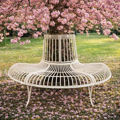 Banc Semi-Circulaire Tour d'Arbre Demi-Lune Banquette de Parc en Fer Patiné Blanc 69x86x134cm