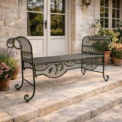 Banquette Honoré Banc de Jardin Fer Forgé Vert Ancien Assise de Charme Sans Dossier 40,5x70,5x134cm