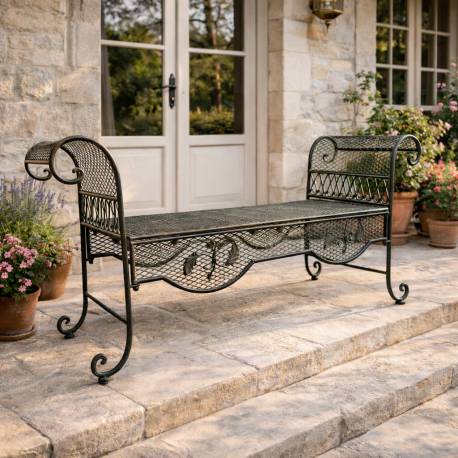 Banquette Honoré Banc de Jardin Fer Forgé Vert Ancien Assise de Charme Sans Dossier 40,5x70,5x134cm