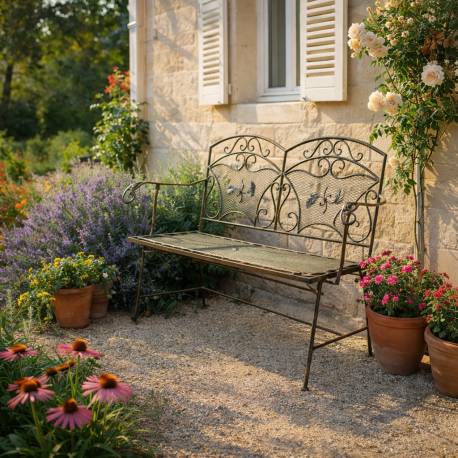 Banc de Jardin Papillon Banquette Extérieure en Fer forgé Vert Fauteuil Deux Places Pliable 60x95x122cm