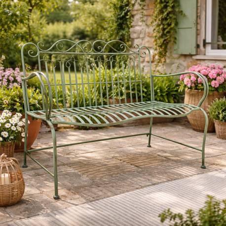 Banc Anatole Métal Patiné Vert Banquette de Jardin 2 Places Assise Extérieure 62x95x114cm