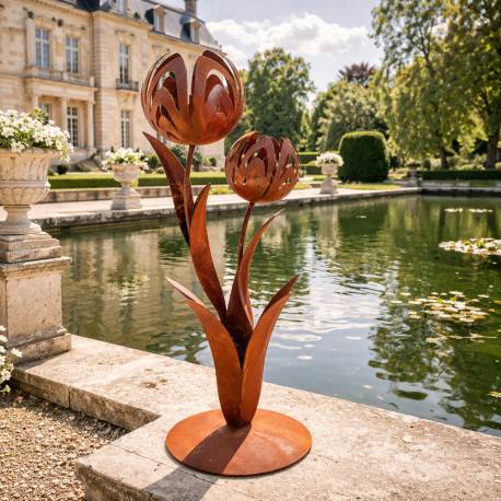Grande Double Fleur sur Base Ronde Fleurs Boules Ajourées en Acier Oxydé Sculpture de Jardin Graphique à Poser 42x42x130cm