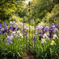 Grande Grille Clochette Treillis Tuteur à Fleurs Plantes et Fleurs de Lys en Fer Patiné Marron 6x35x167cm