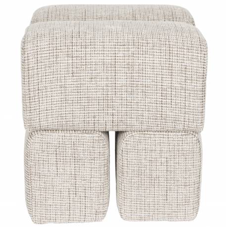 Pouf Staple Woody Tabouret Design en Bois et Tissu Beige Chiné Assise d'Appoint Cubique 40x40x45cm