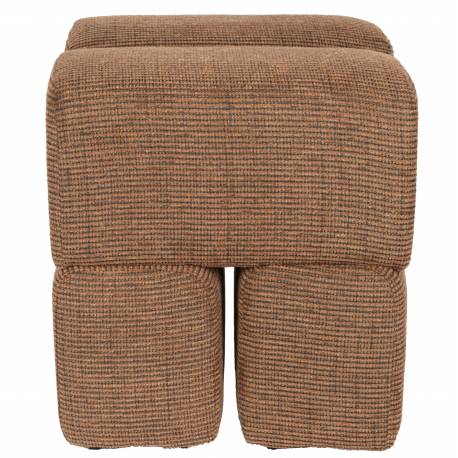 Pouf Staple Woody Tabouret Design en Bois et Tissu Terracotta Chiné Assise d'Appoint Cubique 40x40x45cm