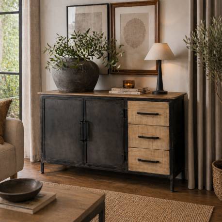 Bahut Meuble de Rangement Buffet Placard Industriel 2 Portes 3 Tiroirs en Acier et Bois 40x81x134,5cm