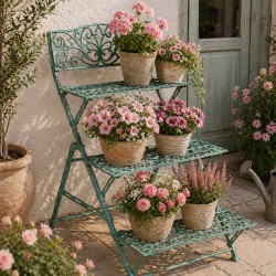 Etagère à Plantes Escabeau Présentoir Décoratif à 3 Etages Porte Livres Bibliothèque en Fonte Vert 42x44x68cm