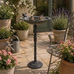 Grand Bain Oiseau sur Pied en Fonte Bénitier à Poser Mangeoire Abreuvoir à Volatiles Patine Gris 36x36x75cm