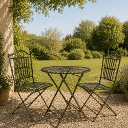 Salon de Jardin Achille Salon de Thé 2 Places Table et Chaises Pliables Fer Patiné Vert Ancien