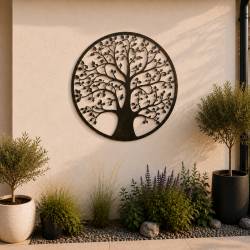 Grande Applique Murale Fronton Style Arbre de Vie Décoratif à Fixer en Métal Patiné Marron-Noir 1,5x95x95cm