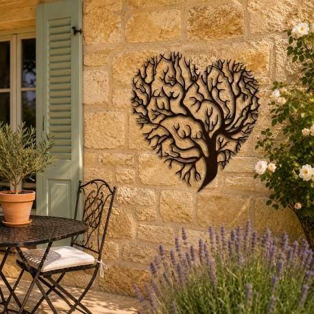 Arbre de Vie Décoratif à Fixer Applique Murale Fronton Motif Nature en Forme de Coeur en Métal Patiné Marron 0,5x60x61cm