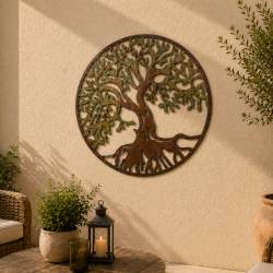 Grande Applique Murale Fronton Style Arbre de Vie Décoratif à Fixer en Fer Coloré 1,5x80x80cm