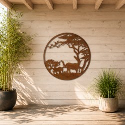 Arbre de Vie Inspiration Savane Décoration Murale Ronde en Métal Marron Rouille 1x100x100cm