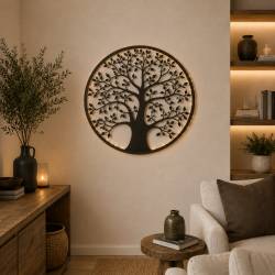 Grande Applique Murale à Led Fronton Style Arbre de Vie Décoratif à Fixer en Fer Patiné Marron-Noir 1,5x95x95cm
