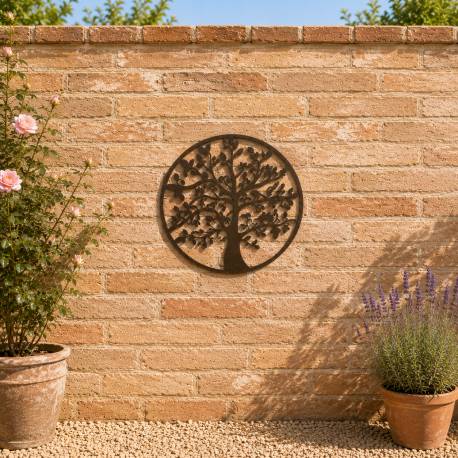 Applique Murale Fronton Style Arbre de Vie Décoratif à Fixer en Métal Patiné Marron-Noir 2x51x51cm
