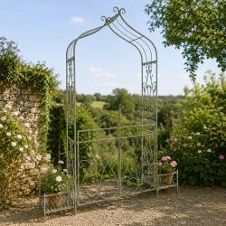 Portail Madeleine Métal Patiné Vert Ancien Portillon Double Portes Motif Floral Arche à Fleurs 40x173x240cm