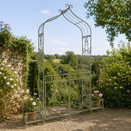 Portail Madeleine Métal Patiné Vert Ancien Portillon Double Portes Motif Floral Arche à Fleurs 40x173x240cm