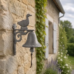 Cloche Sonnette Carillon Clochette de Porte Murale sur Crédence Motif Canard en Fonte Patinée Grise 10,50x16x23cm