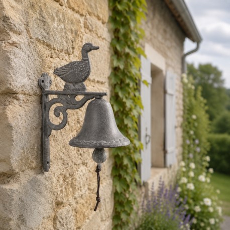 Cloche Sonnette Carillon Clochette de Porte Murale sur Crédence Motif Canard en Fonte Patinée Grise 10,50x16x23cm